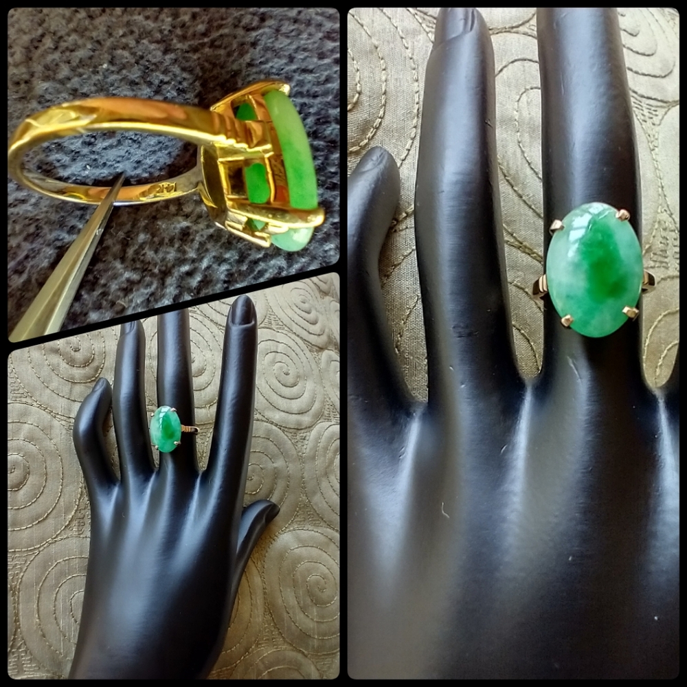 Ring 14k gold Jade Stone Large Oval 16x12mm Jade Ctr  stone